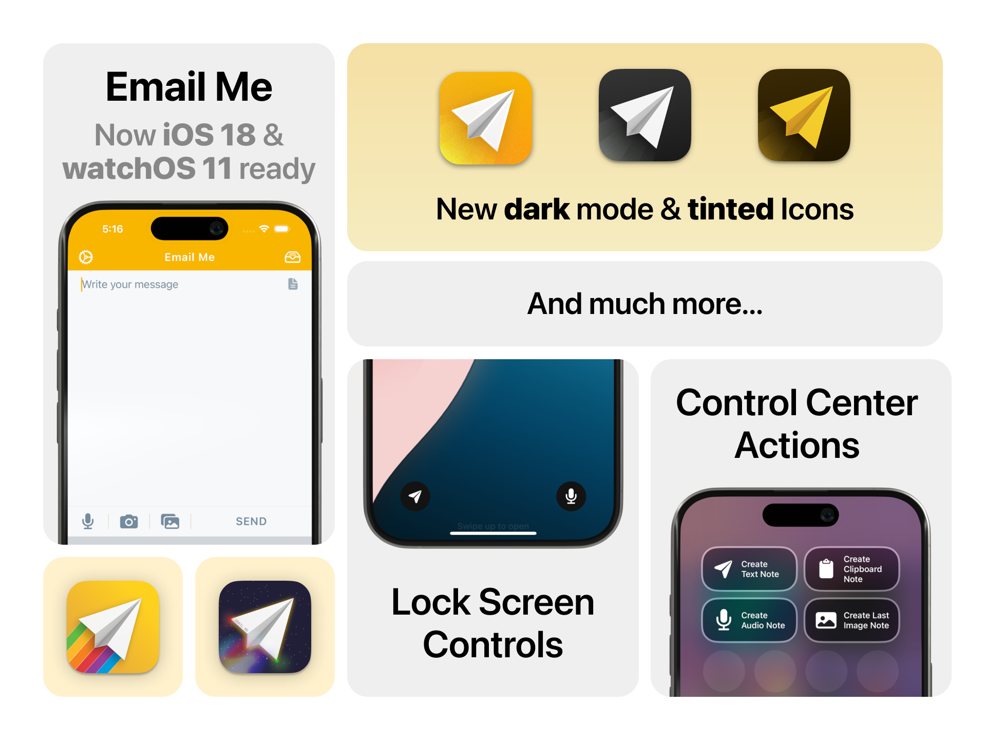 Presentación de la actualización de iOS 18 de Email Me App con integración del Centro de Control, widgets de pantalla de bloqueo y nuevos diseños de iconos de aplicación