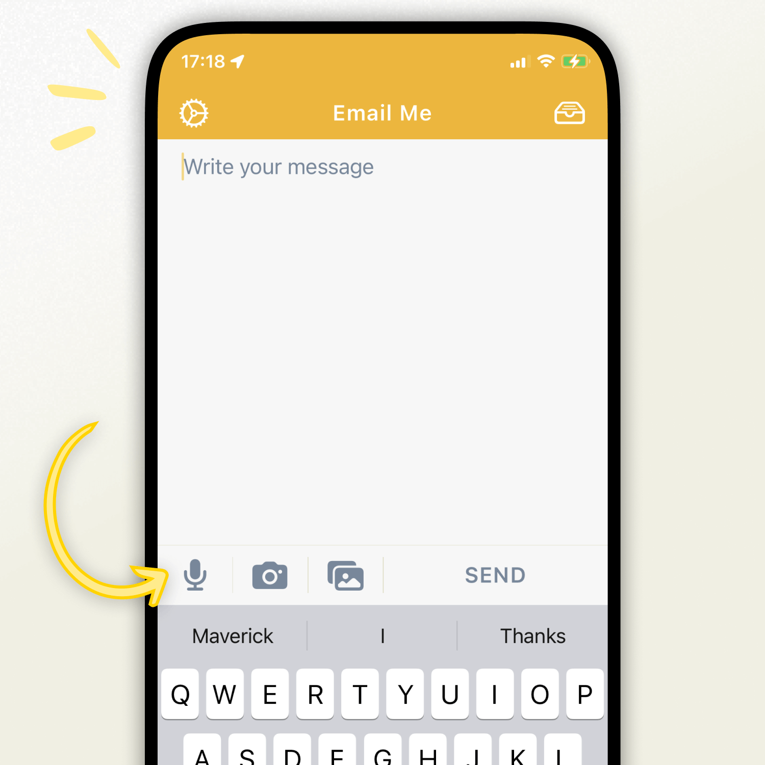 Interfaz de grabación de voz de Email Me App en iPhone mostrando el botón de micrófono para captura instantánea de notas de audio y transcripción
