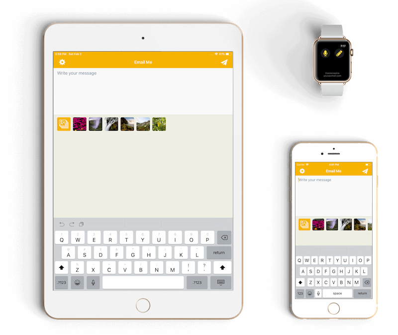 Interfaz de Email Me App mostrando la forma más rápida de enviarte notas por email con plantillas personalizables y entrada de voz