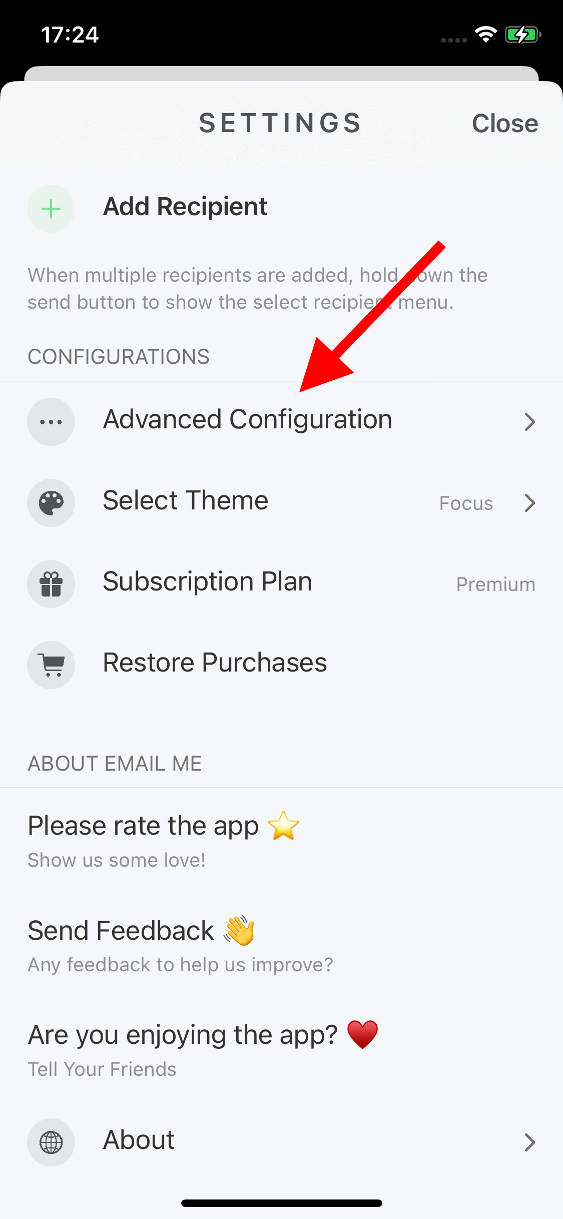 Email Me App advanced configuration screen highlighting Gmail SMTP Settings option