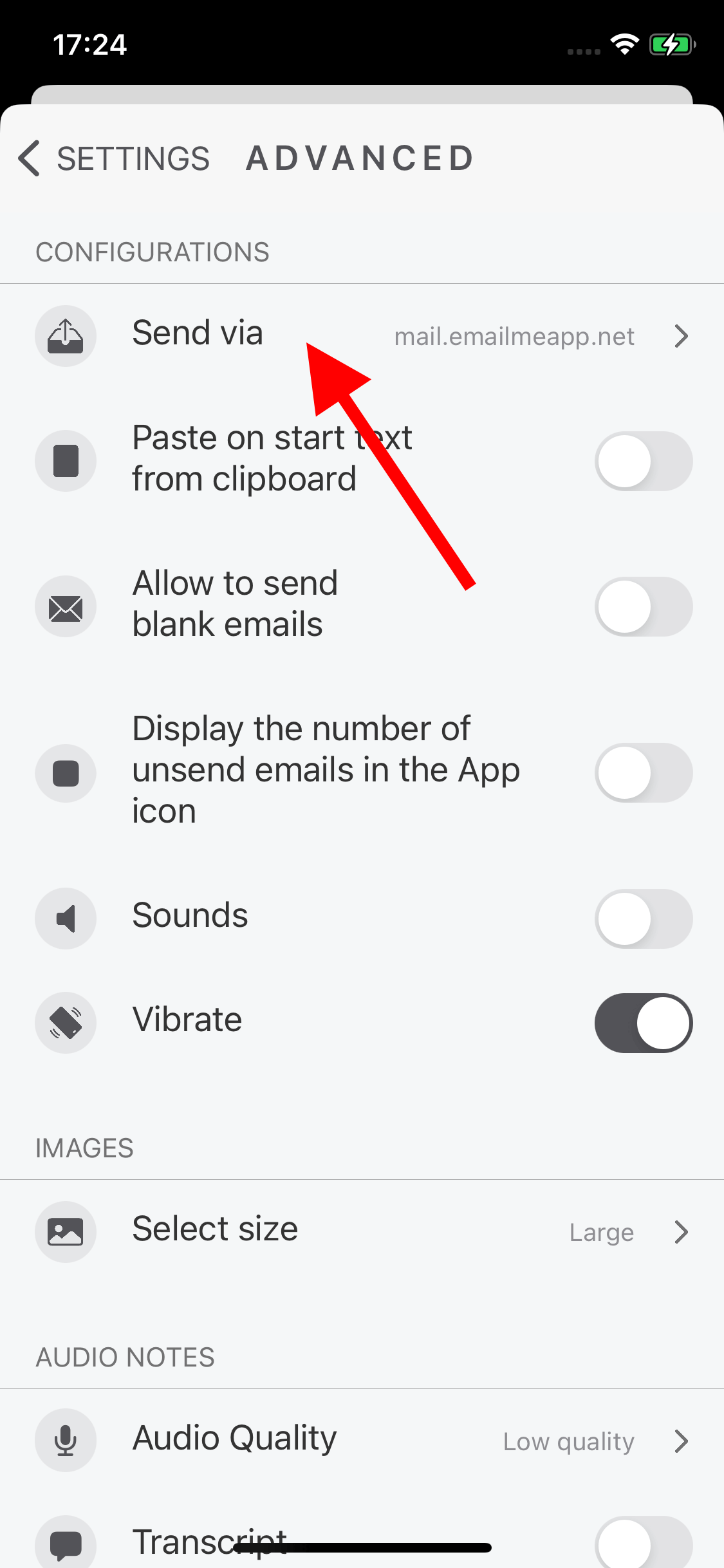 Email Me App Send via screen for selecting Gmail SMTP Settings