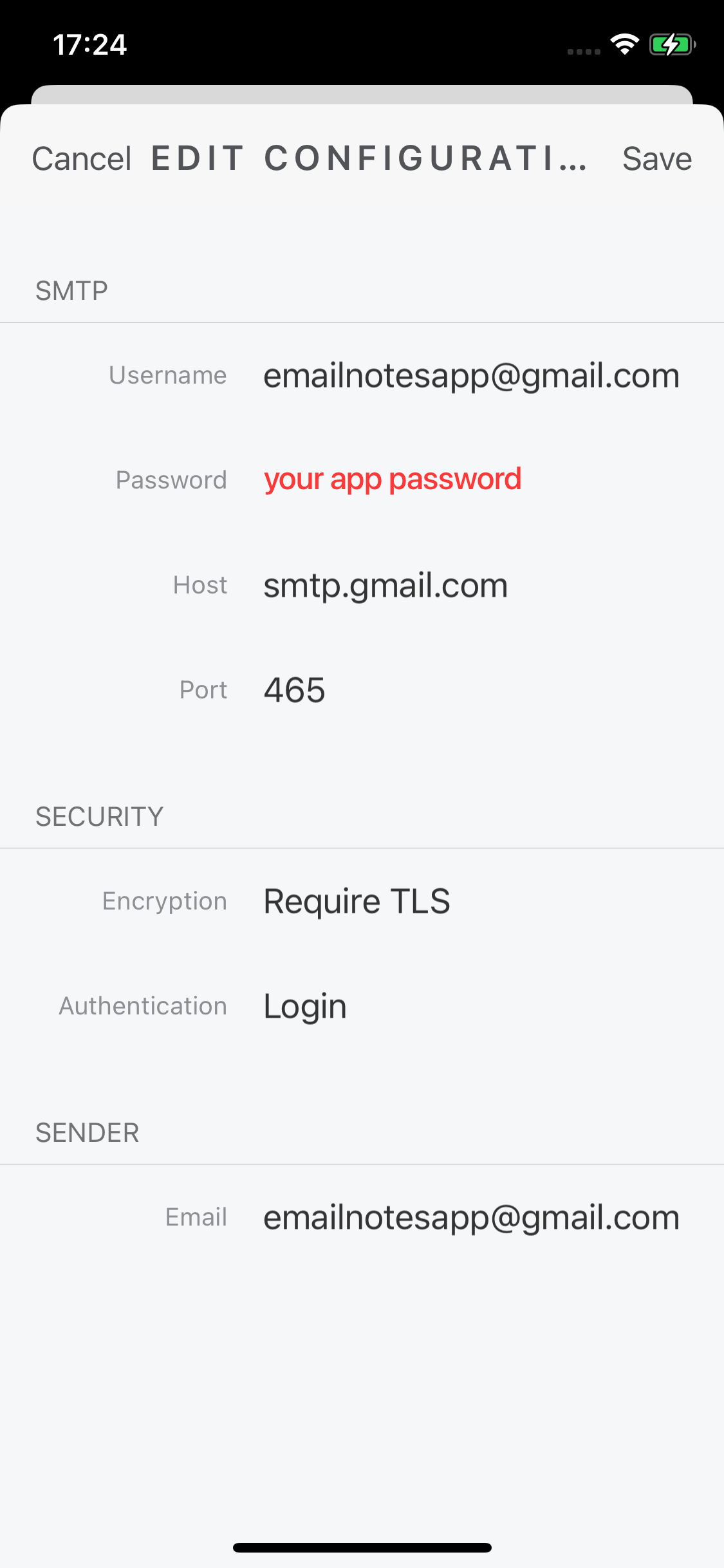 Entering Gmail SMTP settings and App Password in Email Me App