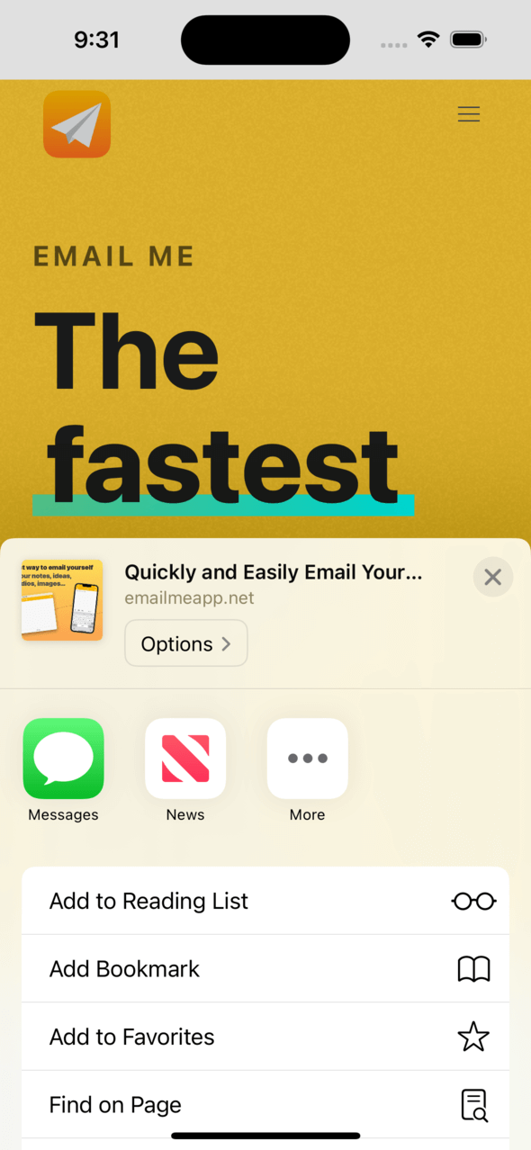Email Me App icon visible in the iOS Share Sheet app list with the More button highlighted for accessing additional sharing options Email Me App icon visible in the iOS Share Sheet app list with the More button highlighted for accessing additional sharing options