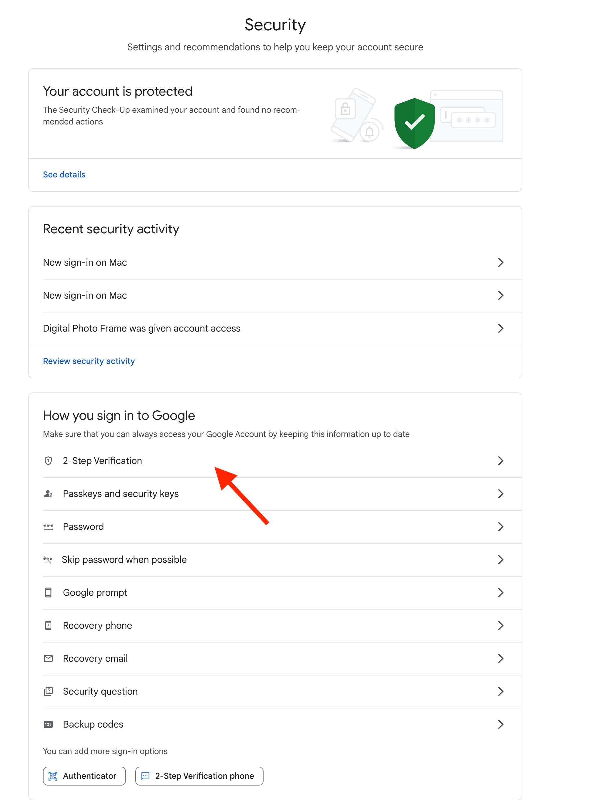 Google Account security settings page showing where to access 2-Step Verification and App Password options for Email Me integration Google Account security settings page showing where to access 2-Step Verification and App Password options for Email Me integration