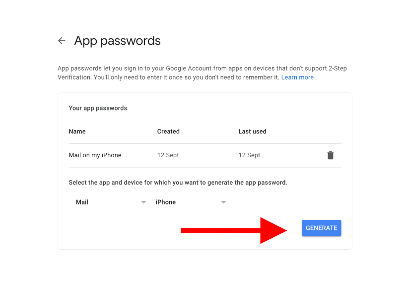 Gmail App Password selection menu choosing Mail app type for Email Me integration Gmail App Password selection menu choosing Mail app type for Email Me integration