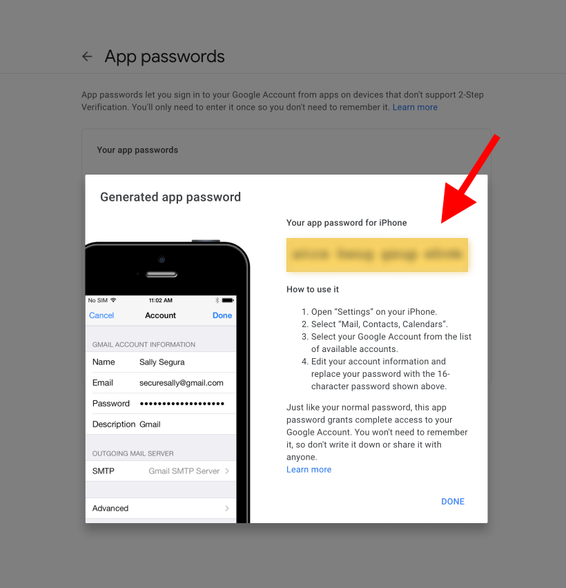 Generated Gmail App Password display screen with copy button for adding to Email Me App settings Generated Gmail App Password display screen with copy button for adding to Email Me App settings