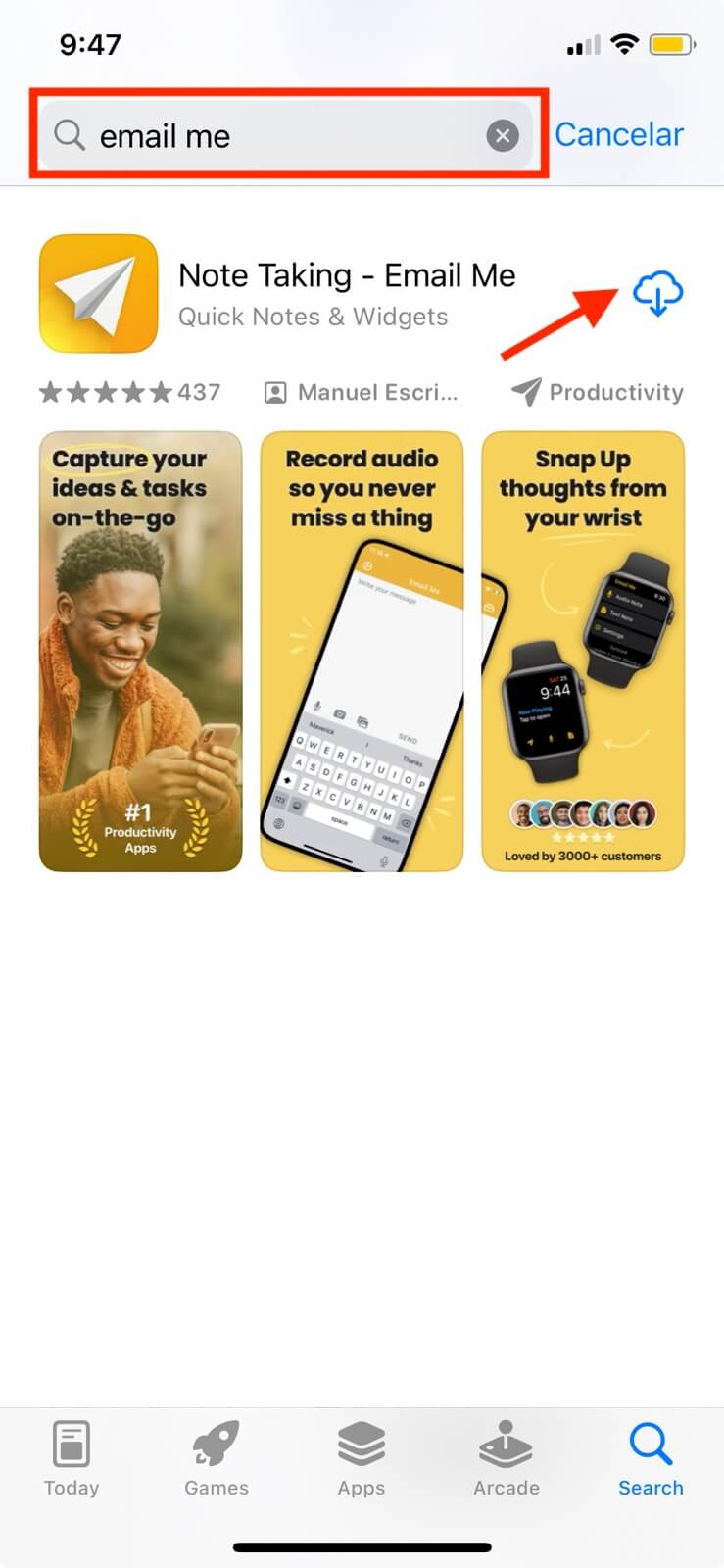 App Store download page for Email Me showing the install button and app ratings for voice note recording on iPhone
