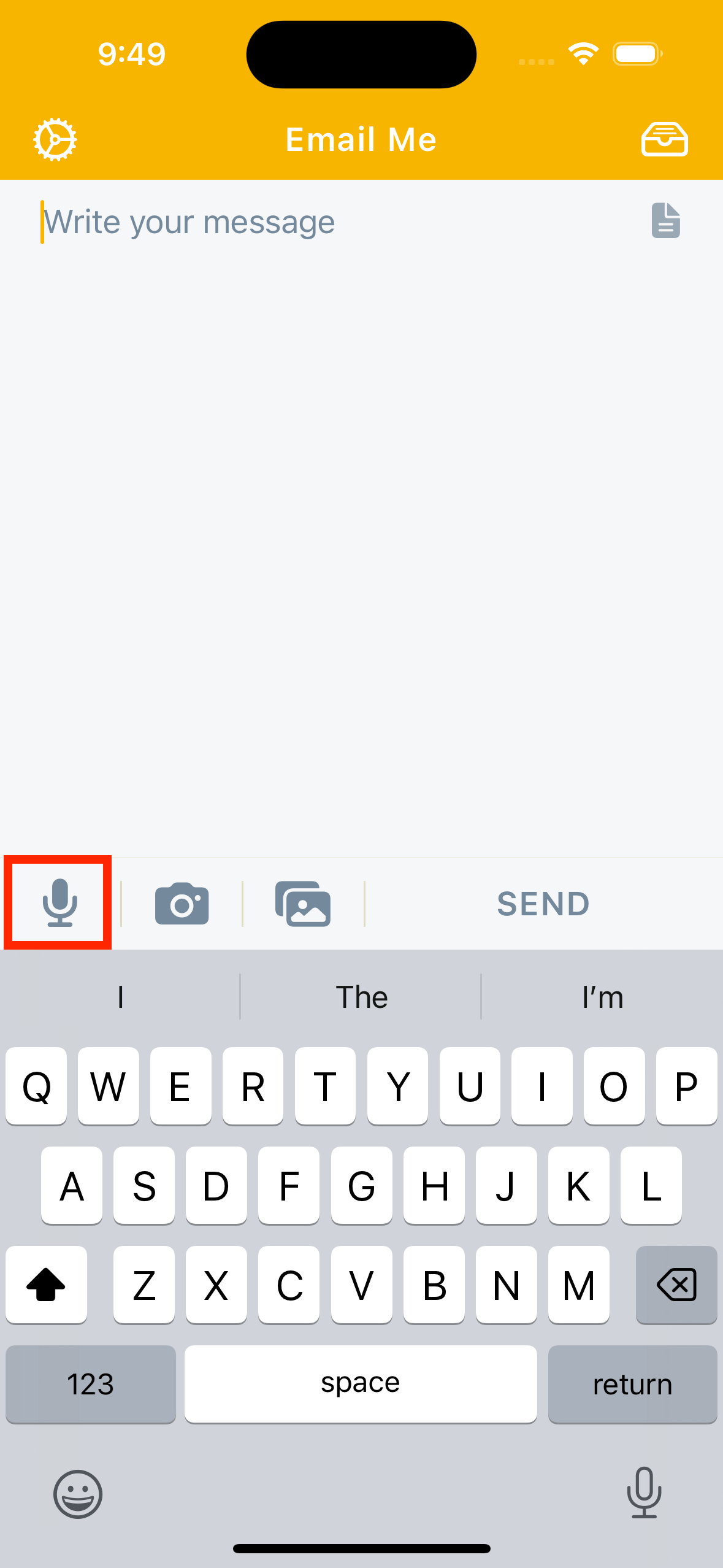 Email Me App main screen highlighting the microphone button for starting voice recording with one tap on iPhone