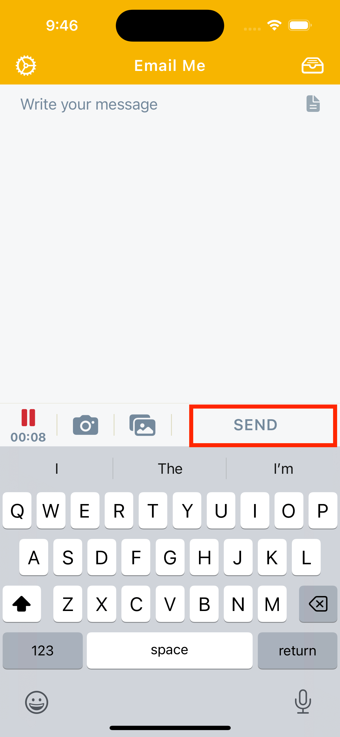 Email Me App recording screen showing the send button to instantly email your voice note with automatic transcription