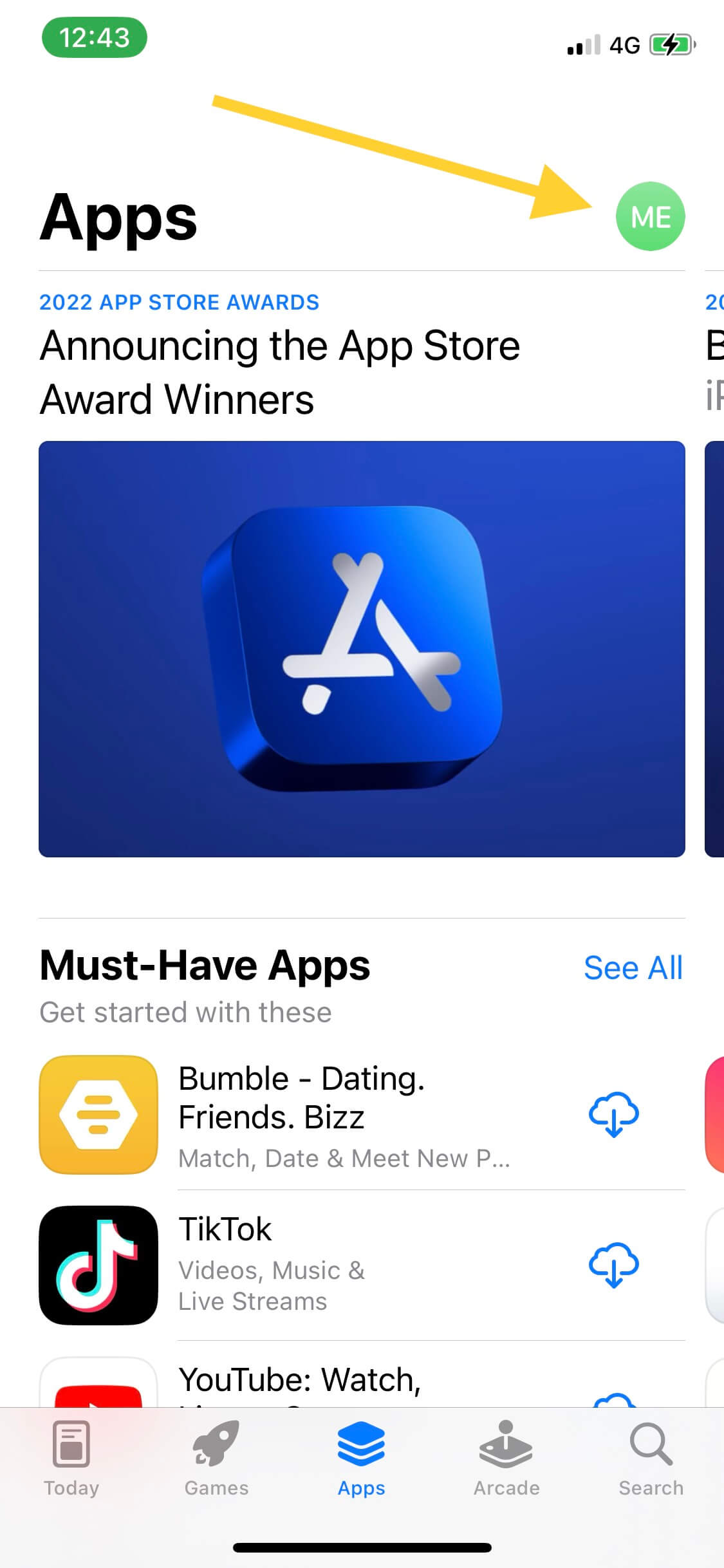 App Store app showing profile icon in top right corner for accessing account settings and promo code redemption