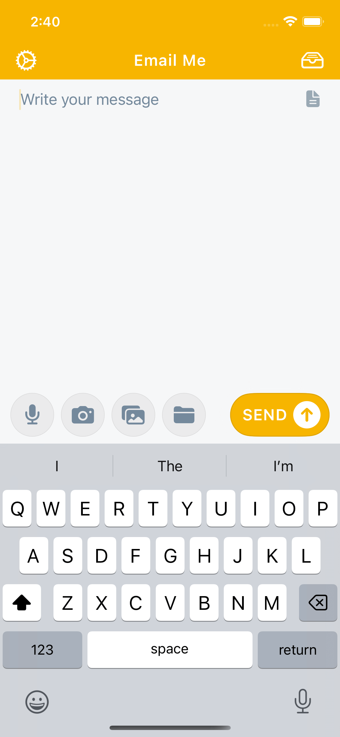 Email Me App main interface demonstrating the simple one-tap design for instantly sending notes and reminders to yourself without typing Email Me App main interface demonstrating the simple one-tap design for instantly sending notes and reminders to yourself without typing